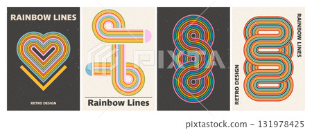 Collection of abstract retro posters. Vintage 70s style art with geometric stripes. Set of groovy backgrounds. Collection of abstract retro posters. Vintage 70s style art with geometric stripes. Set of groovy backgrounds. 131978425