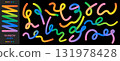 Gradient spiral ribbon vector shapes. Fluid and organic colorful line doodle elements. Squiggly vector elements. 131978428