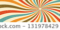 Groovy swirl sunburst background, retro spiral texture. Vintage wave ray pattern. Abstract starburst. 131978429