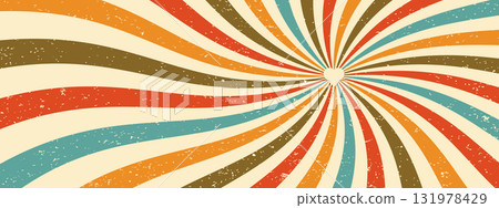 Groovy swirl sunburst background, retro spiral texture. Vintage wave ray pattern. Abstract starburst. 131978429