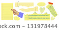 Yellow torn notebook paper collage with lined sheets, halftone hand holding sheet, paper clips, and scotch tape. Creative school and office stationery elements. Modern design template for scrapbooking 131978444