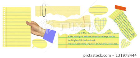 Yellow torn notebook paper collage with lined sheets, halftone hand holding sheet, paper clips, and scotch tape. Creative school and office stationery elements. Modern design template for scrapbooking 131978444