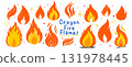 Crayon hand drawn fire flames set. Grunge elements with scribble texture. Bright sketch doodle collection. 131978445
