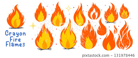 Grunge crayon fire flames collection. Hand drawn punk style. Vector doodle elements and stickers. Grunge crayon fire flames collection. Hand drawn punk style. Vector doodle elements and stickers. 131978446