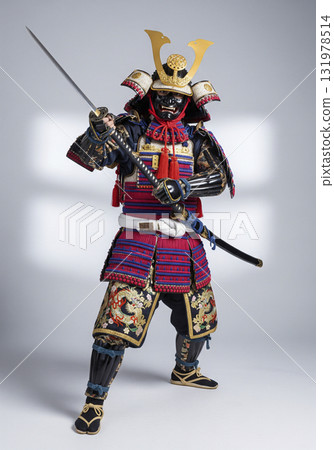 A warrior wearing armor, a Japanese samurai, holding a Japanese sword A warrior wearing armor, a Japanese samurai, holding a Japanese sword 131978514