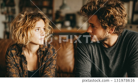 Young couple sharing intimate moment and deep conversation Young couple sharing intimate moment and deep conversation 131978616