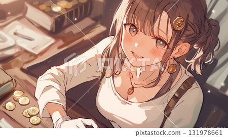 一位微笑的女人拿著金幣的動畫插圖 一位微笑的女人拿著金幣的動畫插圖 131978661