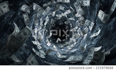 The spiral of money flow and cash flow symbolized by swirling banknotes: "Generative AI" 131978688