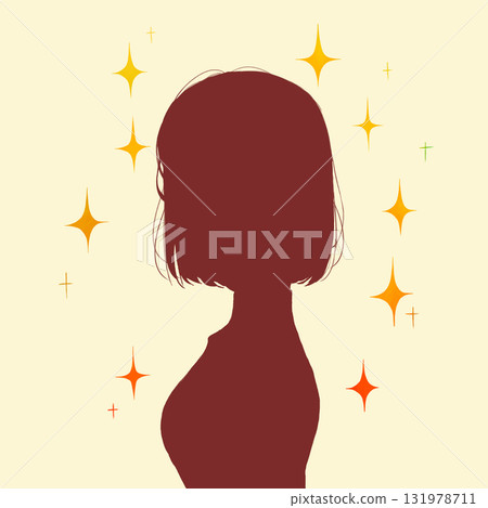 鮑伯剪裁女人側面剪影閃閃發光 鮑伯剪裁女人側面剪影閃閃發光 131978711