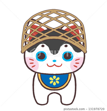 Frontal illustration of a bamboo basket-wearing dog Frontal illustration of a bamboo basket-wearing dog 131978720