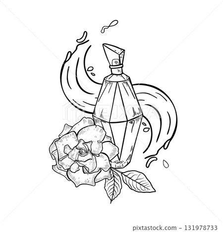 Hand drawn perfume bottle with blooming peony and dynamic water splashes line art. Monochrome design for fragrance branding. Rose drawing for cosmetic packaging. Design for International Women's Day. 131978733