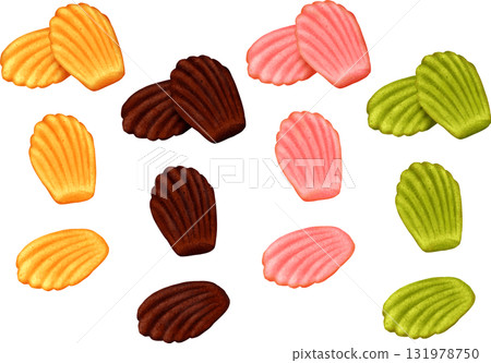 Seashell-shaped madeleines in 4 flavors: plain, chocolate, strawberry, pistachio, and matcha Seashell-shaped madeleines in 4 flavors: plain, chocolate, strawberry, pistachio, and matcha 131978750