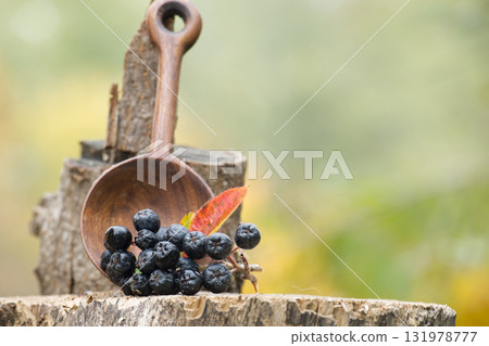 Aronia berries in a wooden spoon on a tree stump with a blurred background Aronia berries in a wooden spoon on a tree stump with a blurred background 131978777