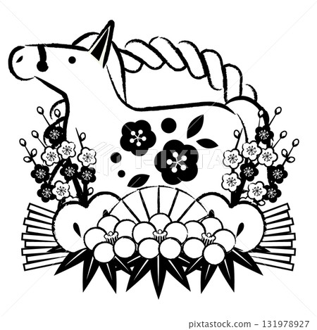 馬年新年圖示 08,Shimekazari,單色馬,插圖,可愛 馬年新年圖示 08,Shimekazari,單色馬,插圖,可愛 131978927