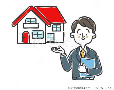 一位穿著西裝的男子解釋住房向量 一位穿著西裝的男子解釋住房向量 131979063