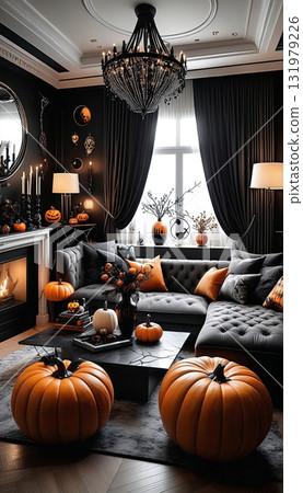 餐廳室內設計配有黑色和橙色沙發和豪華照明萬聖節 131979226