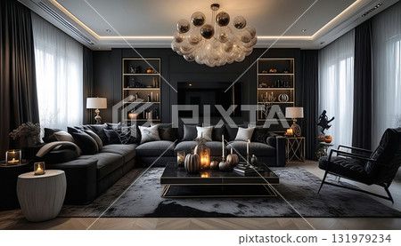 Dining room interior design with black and orange sofas and luxurious lighting Halloween 131979234