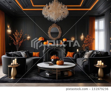 Dining room interior design with black and orange sofas and luxurious lighting Halloween 131979236