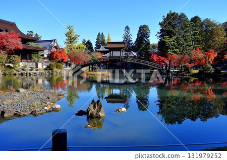 Autumn leaves reflected on the water surface at Kokeizan Eihoji Temple 131979252