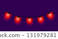 Glowing red heart string lights on dark purple background 131979281