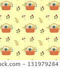 Seamless pattern with autumn basket of pumpkins and branches on beige background 131979284