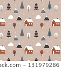 Scandinavian seamless winter pattern with houses mountains clouds and fir trees on beige background 131979286