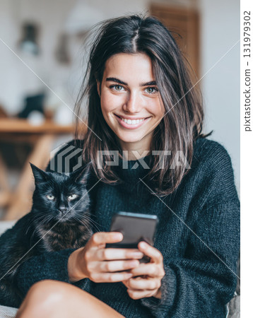 Vertical close-up portrait of smiling young woman holding smartphone, relaxing at home with her affectionate black Maine coon cat. Captures cozy lifestyle of pet ownership, digital connection, comfort 131979302