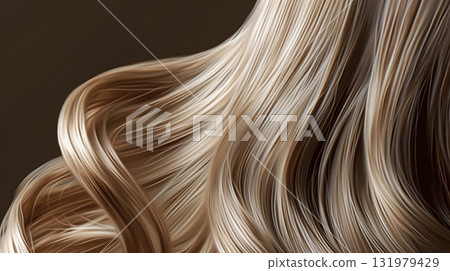 Long, luxurious golden blonde hair with soft waves and curls, shine and healthy texture against a dark background. AI generated Long, luxurious golden blonde hair with soft waves and curls, shine and healthy texture against a dark background. AI generated 131979429