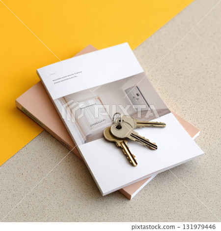 Set of house keys placed on a real estate brochure with interior photo, stacked on books. Modern minimalist composition with contrasting yellow and beige geometric background. Set of house keys placed on a real estate brochure with interior photo, stacked on books. Modern minimalist composition with contrasting yellow and beige geometric background. 131979446