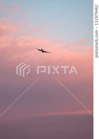 The red sky at dusk and a plane about to land 131979462