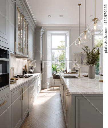 Elegant, Bright, and Luxurious Transitional Kitchen Interior Design with Soft Gray Shaker Cabinets, White Marble Countertops, Brass Hardware, Glass Pendant Lights Elegant, Bright, and Luxurious Transitional Kitchen Interior Design with Soft Gray Shaker Cabinets, White Marble Countertops, Brass Hardware, Glass Pendant Lights 131979463