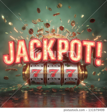 Massive Casino Jackpot Win Illustration with Exploding Neon Red JACKPOT Sign Over Triple Seven Slot Machine Reels, Surrounded by Flying Gold Coins and Energetic Sparks Ultimate Gambling Success Massive Casino Jackpot Win Illustration with Exploding Neon Red JACKPOT Sign Over Triple Seven Slot Machine Reels, Surrounded by Flying Gold Coins and Energetic Sparks Ultimate Gambling Success 131979499