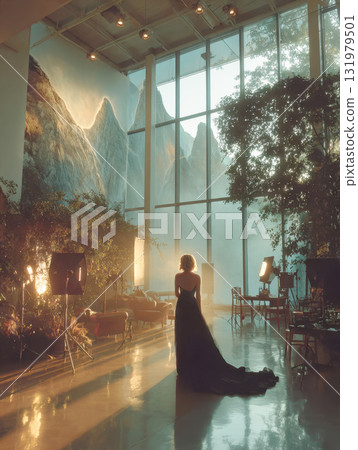 Dramatic Indoor Photo Studio Shoot Setup: Woman in Long Flowing Gown Gazing Out Huge Floor-to-Ceiling Windows at Mystical, Fog-Covered Mountain Mural and Backlit by Golden Hour Light Ethereal Fashion 131979501