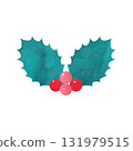 Hand-drawn watercolor illustration of two holly leaves and red berries for Christmas 131979515