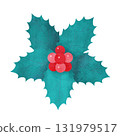 Hand-drawn watercolor illustration of five holly leaves and red berries for Christmas 131979517