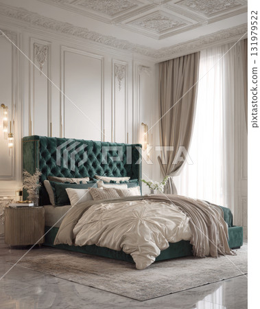 Luxurious neo-classical bedroom with an opulent emerald green velvet tufted bed. Features elegant wall molding, a marble floor, gold accents, and floor-to-ceiling drapes, creating a regal 131979522