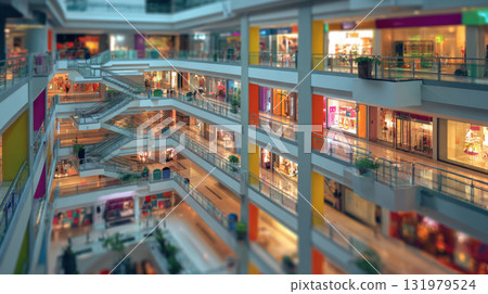 Modern shopping mall interior with multiple levels, escalators, colorful storefronts. Shallow depth of field creates dynamic look, highlighting commerce, consumerism, the busy retail environment Modern shopping mall interior with multiple levels, escalators, colorful storefronts. Shallow depth of field creates dynamic look, highlighting commerce, consumerism, the busy retail environment 131979524