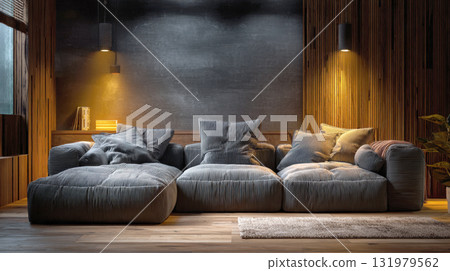 Contemporary and cozy living space blending industrial and rustic styles. Features a massive, deep-seating modular gray corduroy sofa, dramatic lighting, warm wooden floors, and a dark Contemporary and cozy living space blending industrial and rustic styles. Features a massive, deep-seating modular gray corduroy sofa, dramatic lighting, warm wooden floors, and a dark 131979562