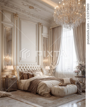 A regal bedroom interior featuring a tufted velvet bed, ornate wall moldings and gilding, a dazzling crystal chandelier, floor-to-ceiling drapery in a luxurious monochrome palette of beige and ivory 131979600