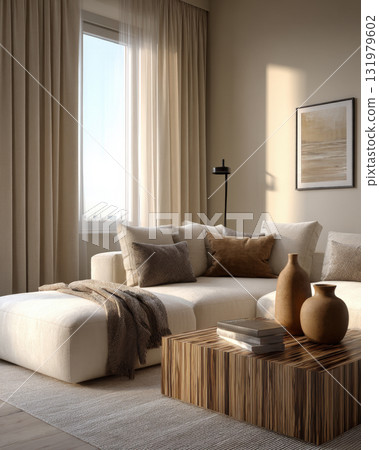 Modern Minimalist Living Room Interior Design. Sunlit, Neutral-Toned Space Featuring a Large Modular Beige Sofa, Textured Wood Coffee Table, Earth-Toned Vases and Pillows, and Floor-to-Ceiling Drapes Modern Minimalist Living Room Interior Design. Sunlit, Neutral-Toned Space Featuring a Large Modular Beige Sofa, Textured Wood Coffee Table, Earth-Toned Vases and Pillows, and Floor-to-Ceiling Drapes 131979602