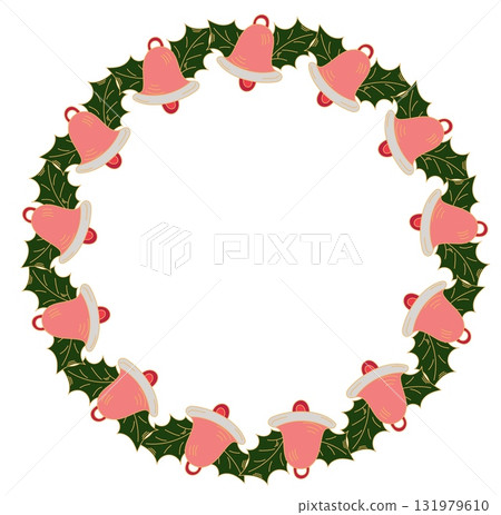 Christmas wreath with bells and holly leaves, decorative border doodle style isolated on white background Christmas wreath with bells and holly leaves, decorative border doodle style isolated on white background 131979610