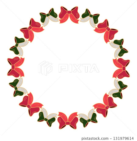 Christmas wreath with red and green bows, decorative border doodle style isolated on white background 131979614
