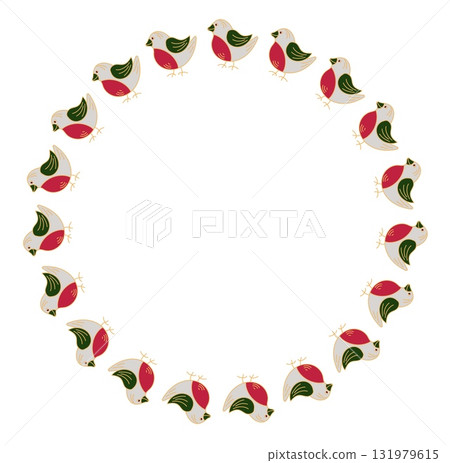 Christmas wreath with red and green birds, decorative border doodle style isolated on white background Christmas wreath with red and green birds, decorative border doodle style isolated on white background 131979615