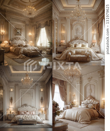 Collage of four ultra-luxury bedroom interiors, epitomizing baroque and neoclassical design. Features rich gold, ornate wall paneling, crystal chandeliers, and plush silk bedding 131979625