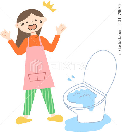 A woman in trouble because her toilet is overflowing 131979676