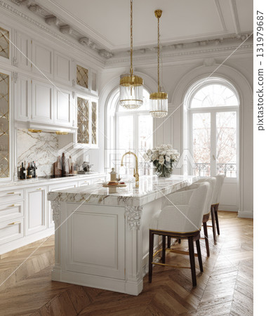 An opulent kitchen design featuring white cabinetry with gilded accents, a stunning marble island with a waterfall edge, herringbone wood floors, and tall arched windows that fill space 131979687