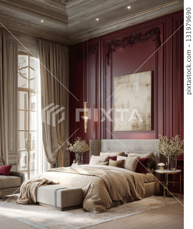 An ultra-luxurious bedroom blending baroque opulence with modern design, featuring a striking deep red accent wall with ornate molding, a velvet bed, floor-to-ceiling drapery, rich gold accents 131979690