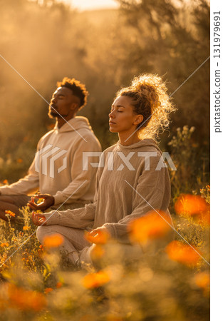 Serene Couple Meditating Outdoors in a Peaceful Field of Wildflowers, Sitting Cross-Legged with Eyes Closed, Bathed in Warm, Backlit Sunlight, Emphasizing Mindfulness, Spiritual Wellness 131979691