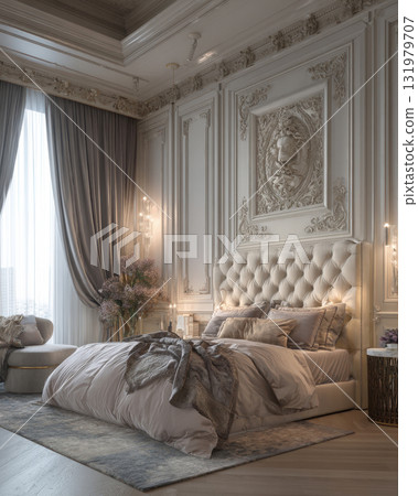 An ultra-luxurious bedroom featuring baroque and neo-classical architecture, with ornate plasterwork, a tufted velvet bed, floor-to-ceiling drapery, and a dramatic lion head wall relief 131979707
