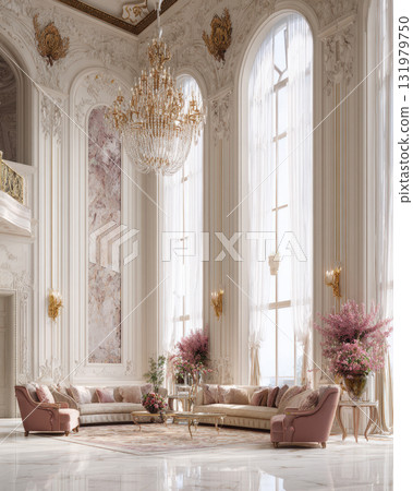 An exquisitely opulent, grand hall boasts soaring ceilings and detailed neoclassical molding with gold accents. The space features massive arched windows, a crystal chandelier, pink marble panels An exquisitely opulent, grand hall boasts soaring ceilings and detailed neoclassical molding with gold accents. The space features massive arched windows, a crystal chandelier, pink marble panels 131979750